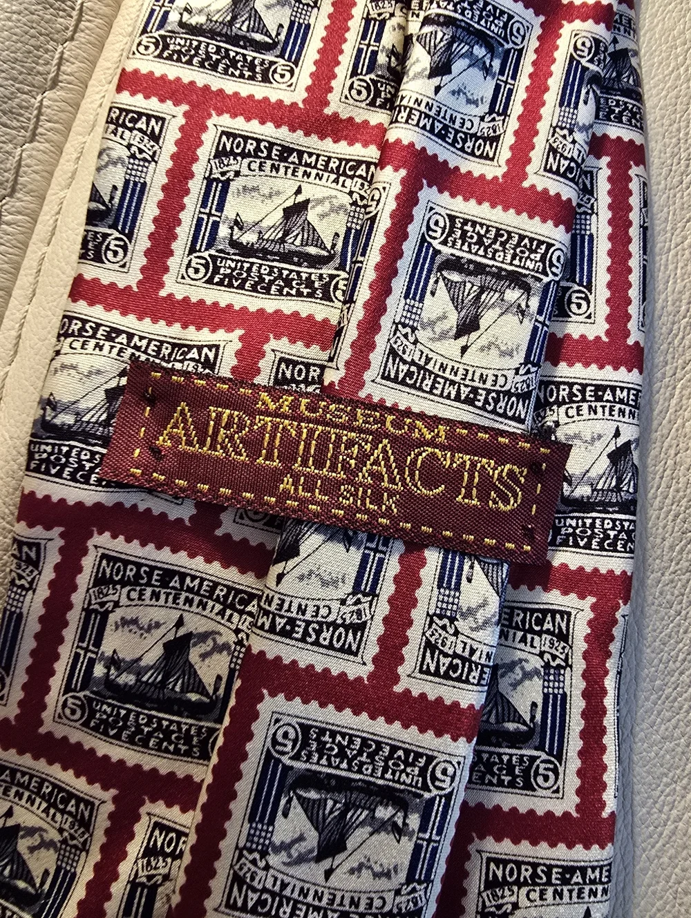 Museum Artifacts Men's 1825 Norse American Centennial Postage Stamp Silk Necktie